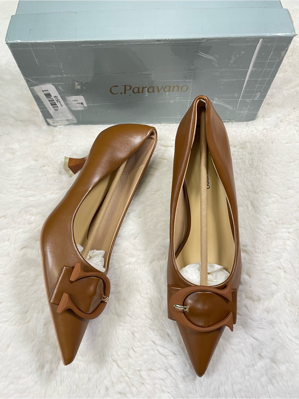 C. Paravano Tan Leather Pointed Toe Heels